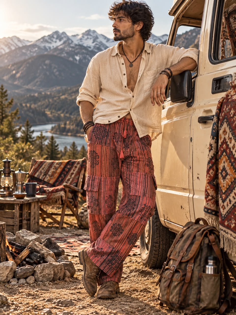 Rust Red Unisex Patchwork Hippie Cargo Pants – Boho Festival Trouser