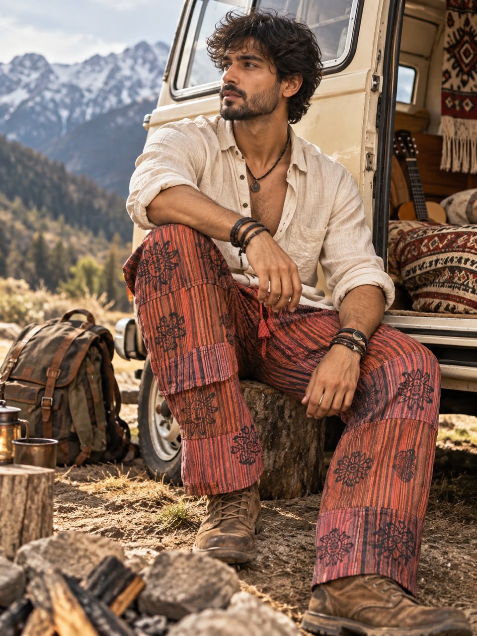 Rust Red Unisex Patchwork Hippie Cargo Pants – Boho Festival Trouser - Image 6
