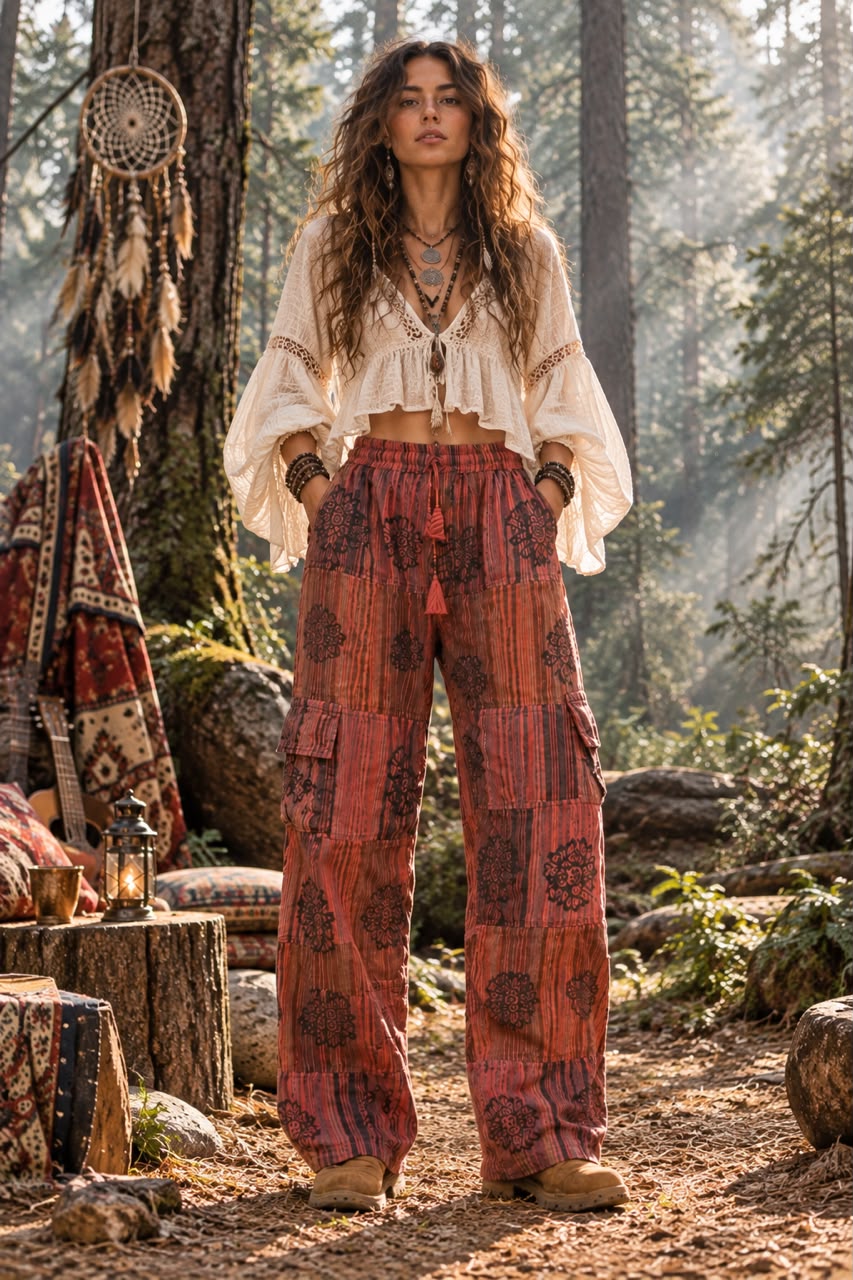 Rust Red Unisex Patchwork Hippie Cargo Pants – Boho Festival Trouser - Image 7