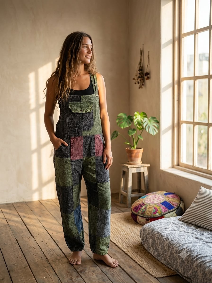 Olive Green Patchwork Hippie Dungarees for Women – Boho Overalls