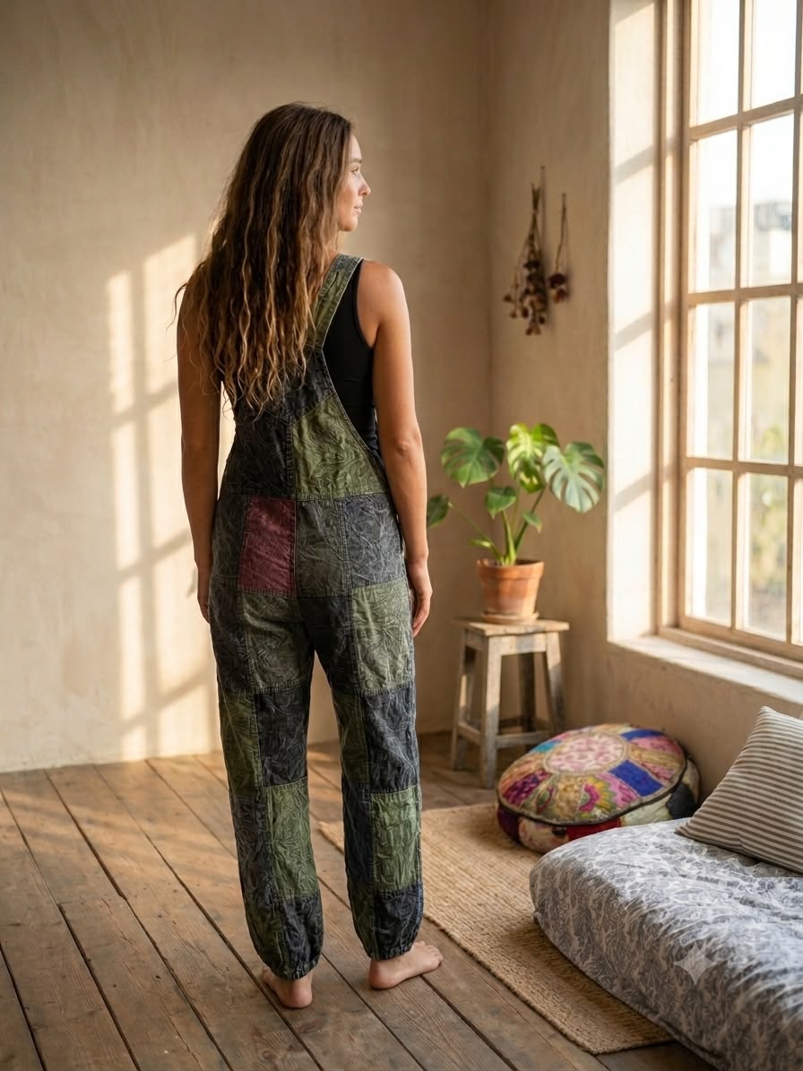 Olive Green Patchwork Hippie Dungarees for Women – Boho Overalls - Image 3