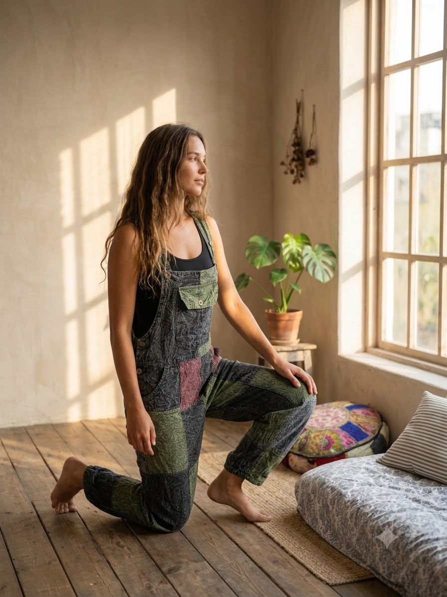 Olive Green Patchwork Hippie Dungarees for Women – Boho Overalls - Image 5